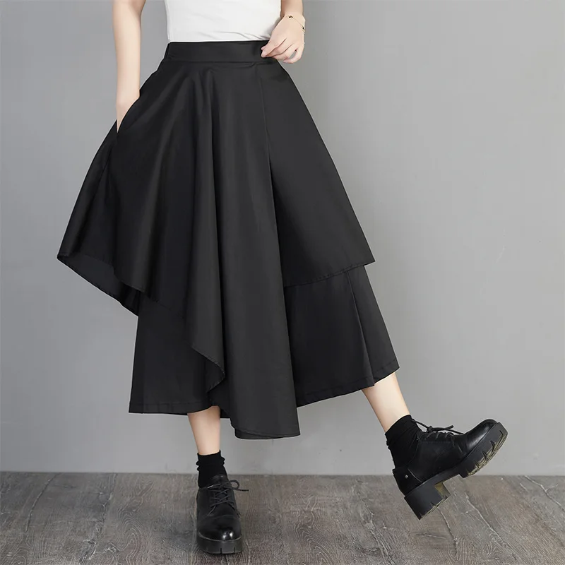 

#3013 Black Irregular Pleated Skirts Women Sring Summer High Waisted A-line Skirts Female Asymmetrical Midi Skirts Ladies