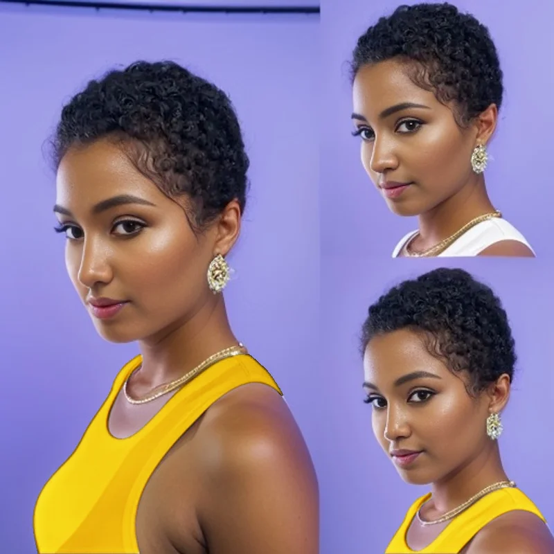 Wig Pixie Cut Pendek Berlapis Keriting Buatan Mesin Penuh Dengan Poni Warna Hitam Alami untuk Penggunaan Sehari-hari