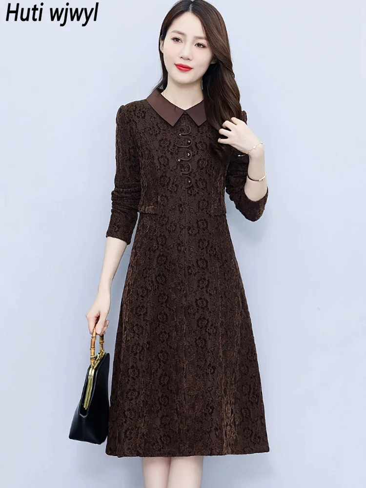 2024 Chic Lace Hook Flower Hollow Midi Dress Autumn Winter Long Sleeve Plus Velvet Dress Women Korean Elegant Luxury Prom Dress