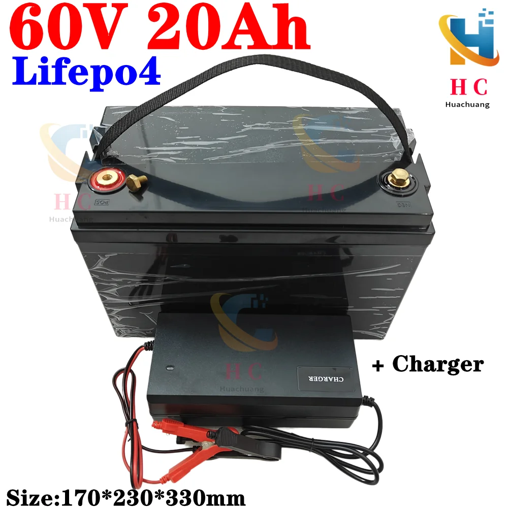 Kustom baterai lifepo4 60v 20ah tahan air dengan BMS tanpa li ion untuk sepeda 2000w 1500w skuter sepeda roda tiga + pengisi daya 3A