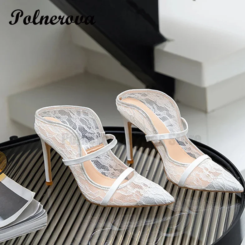 

White Lace Double Strap High Heel Slippers Pointed Toe Pumps Woman Floral Black Lace Wedding Dress Shoes Stiletto Heel Pumps