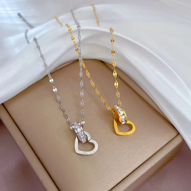 Luxury Gold Color Stainless Steel Zircon Ring Heart Pendant Necklace for Women Charm Fashion Party Collar Jewelry Colorfast Gift