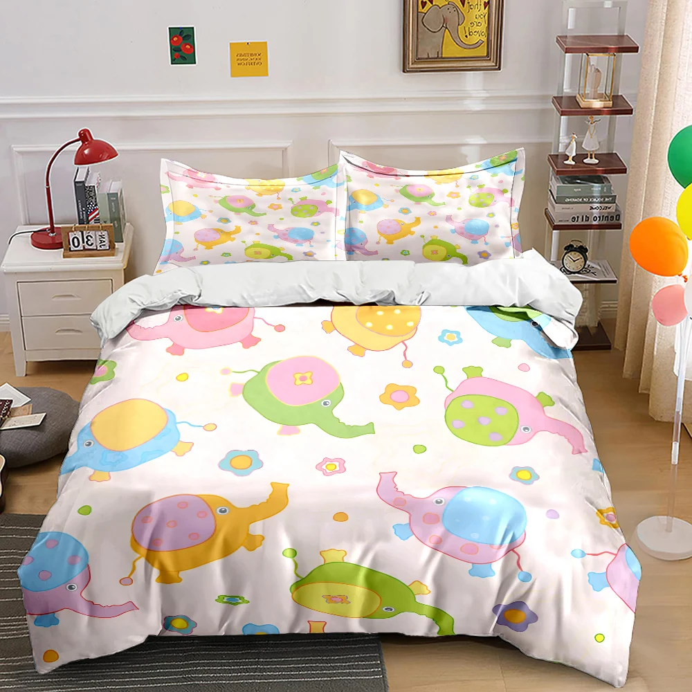 Cartoon colored elephants background Print Bedding Set 1 Duvet Cover 2 Pillowcases for Adult and Children Luxury Gift Full Size