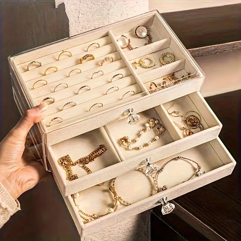 Clear 3-Layer Acrylic Jewelry Box W/ Drawer Display – Perfect for Holiday Gems & Desk Storage.