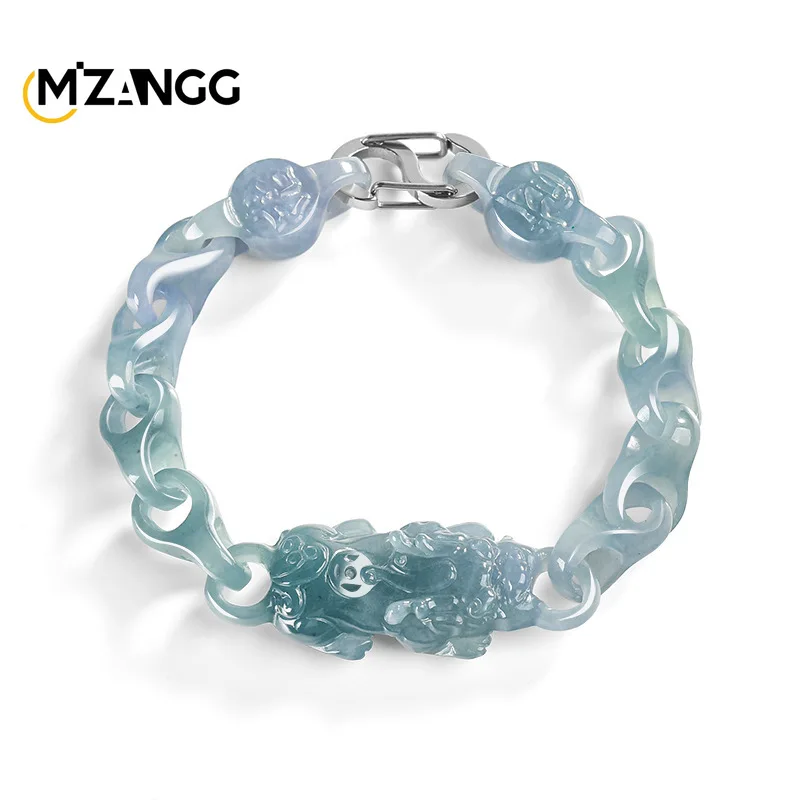 

Natural Jadeite Blue Water Pi Xiu Interlocking Bracelet Hand-carved Fashionable Charm Ice-type Jadeite Bead Bracelet Unisex Gift