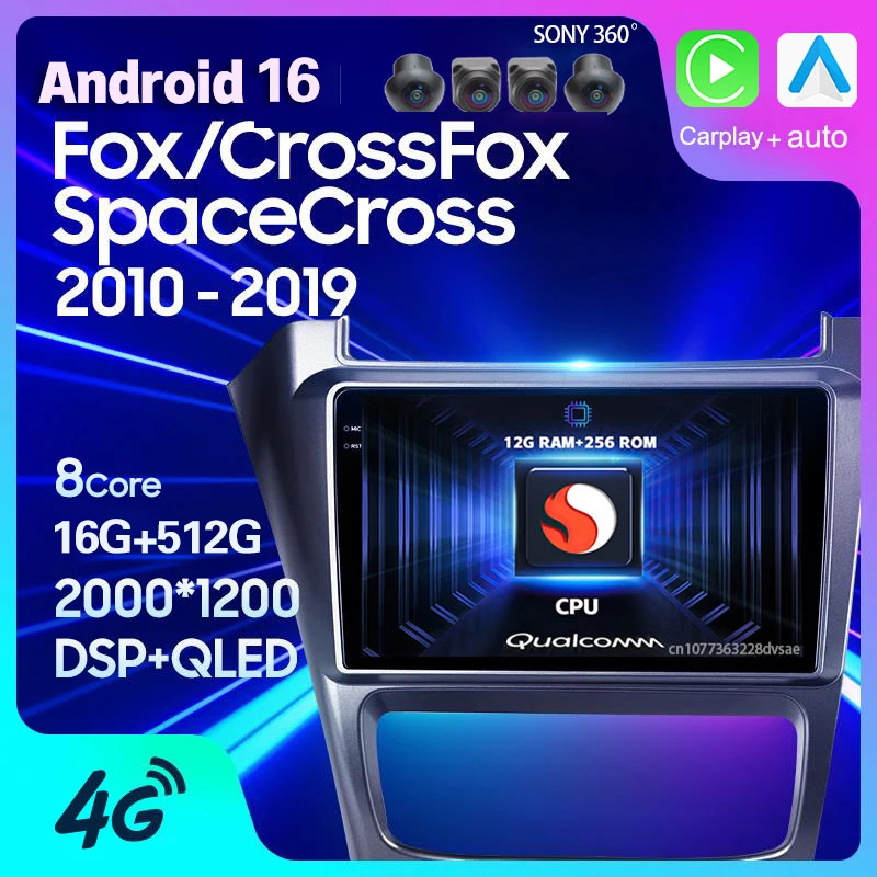 Rádio Automotivo Android 16 para Volkswagen Fox CrossFox SpaceCross 2010 - 2019 com Carplay, Navegação GPS, Estéreo 2Din, DSP e Reprodutor de Vídeo