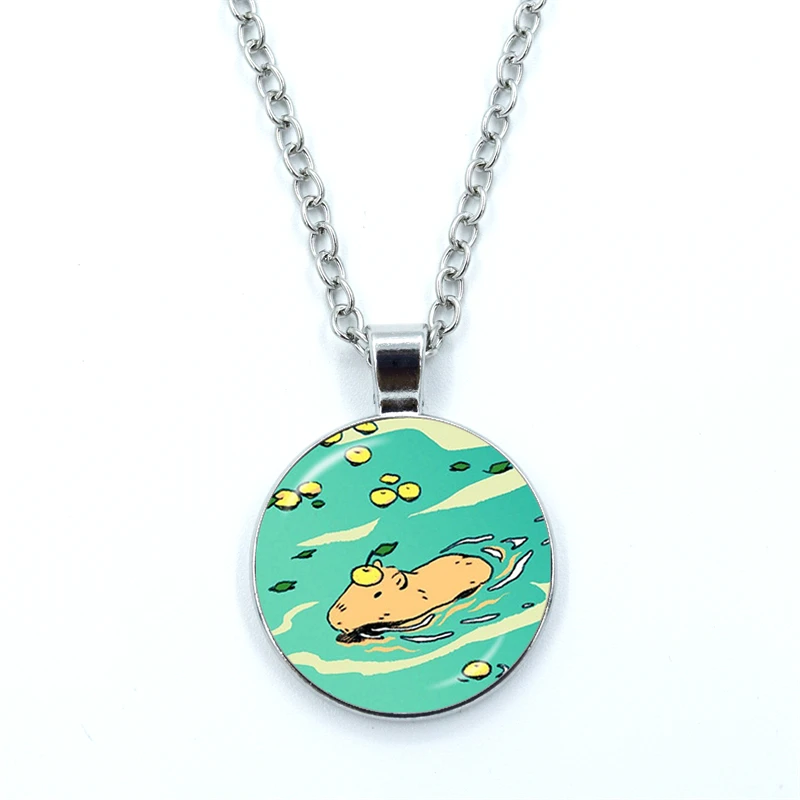 Capybara swimming Cartoon Necklace Glass Dome Cabochon Pendant Fashion Statement Crystal Necklace Wholesale