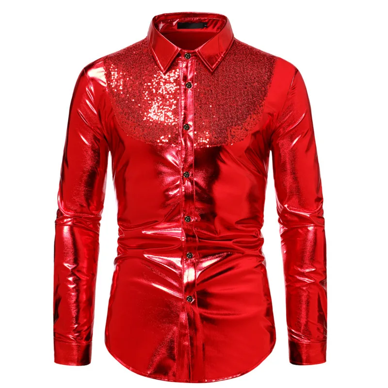 #4638 Shiny Sequins Shirt Men Long Sleeve Dance Clubwear Hip Hop Shirt Mens Shirts Regular Fit Black Gold Silver Blue Red