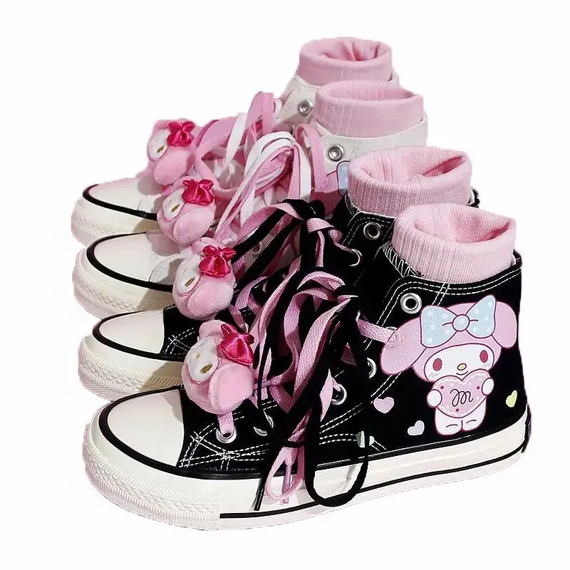 Anime My Melody 캔버스 신발 만화 캐주얼 학생 워킹 하이 탑 신발 성인 여성을위한 스포츠 플랫 신발