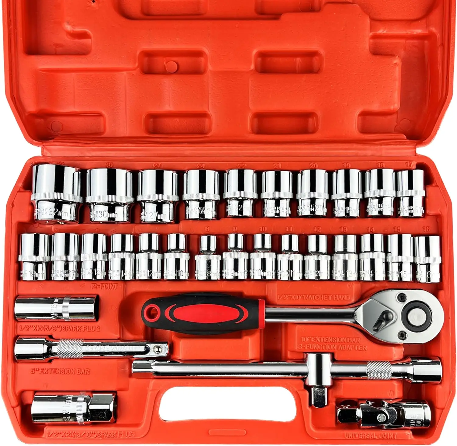 

32pcs 1/2' Drive Impact Socket Set, Metric, Deep, with Universal Joint, Extensions, Ratchet, Spark Plug Socket, 6/12 Point, CR-V