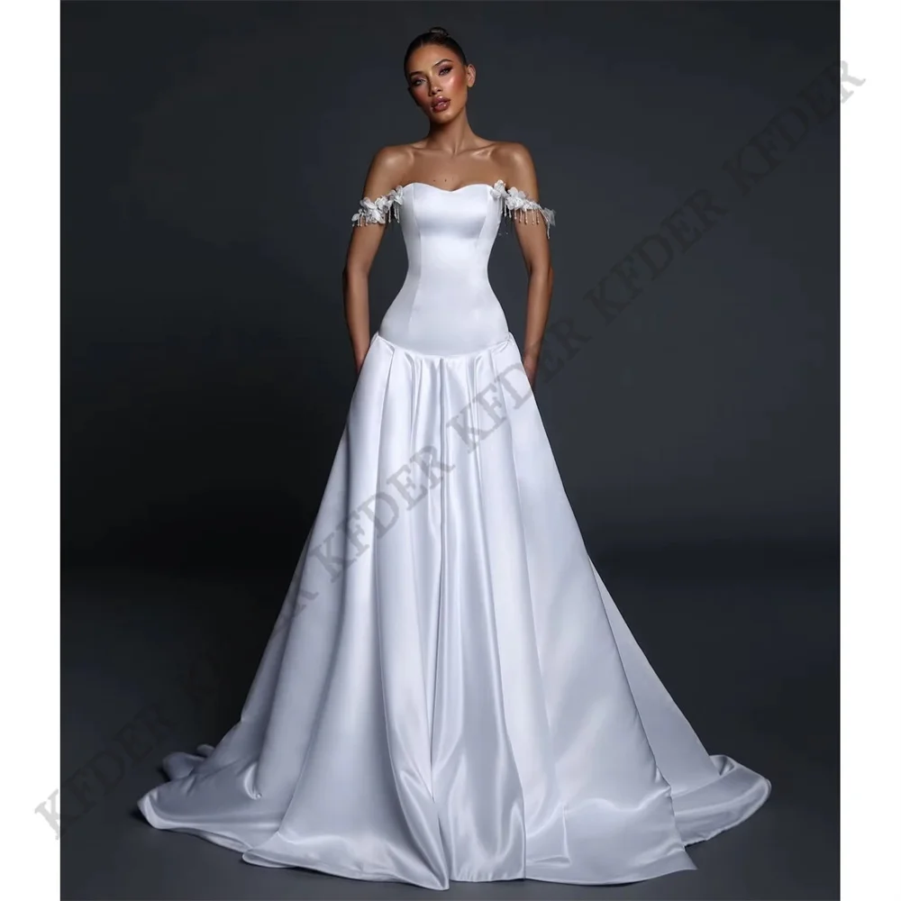 Formal Customized Off Shoulder 3D Flowers A-Line Satin Wedding Dress Strapless Floor Length Sweep Train Gown Dresses For Bride