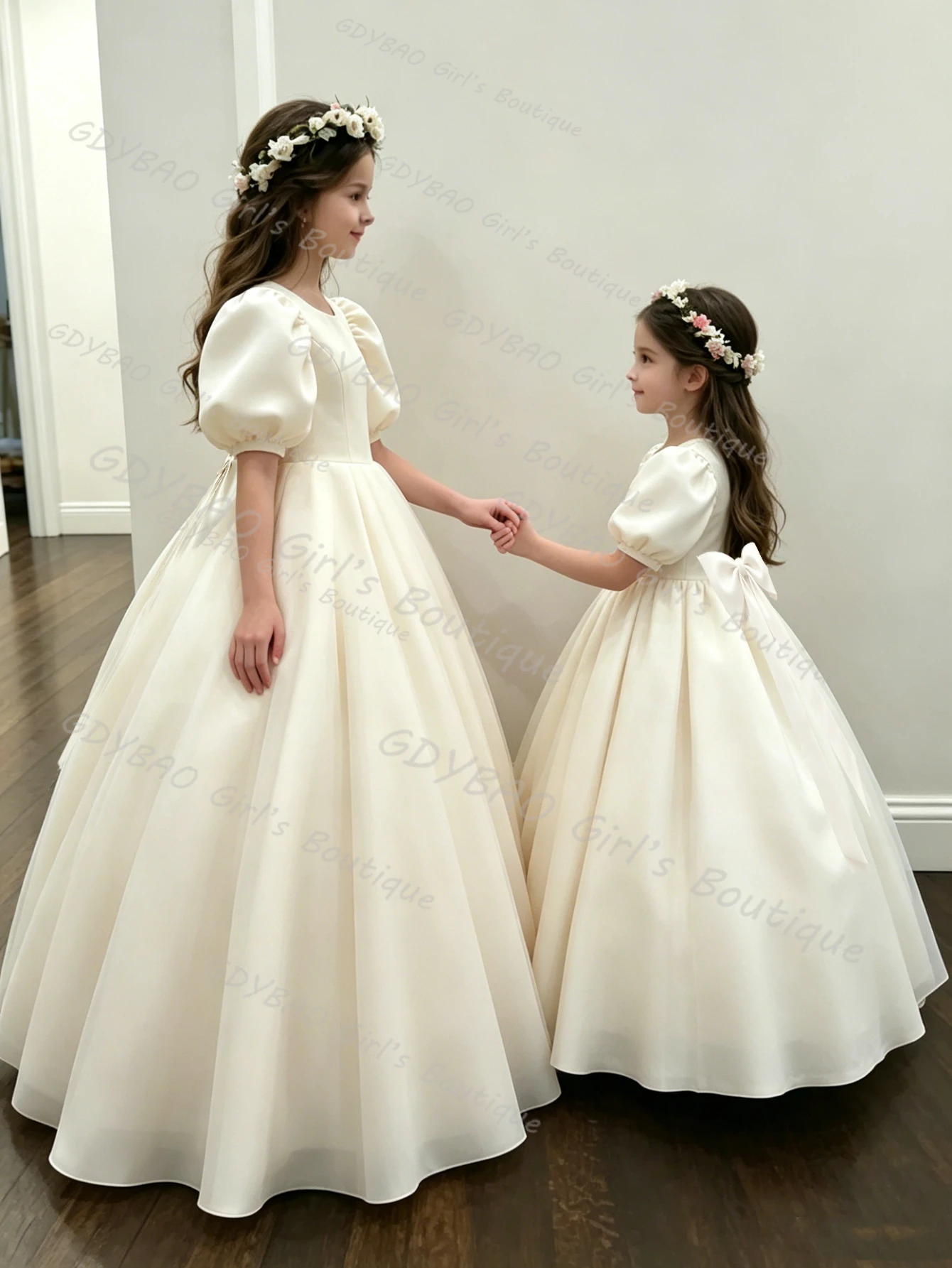 Ivory Satin Puffy Flower Girl Dress For Wedding Long Sleeves High Neck First Communion Kids Birthday Party Dress Ball Gown