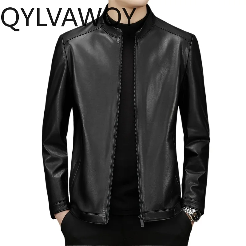 QYLVAWOY Top Layer Cowhide Genuine Leather Jacket Men 2026 100% Real Leather High Quality High Quality Stand-up Collar Coat Man