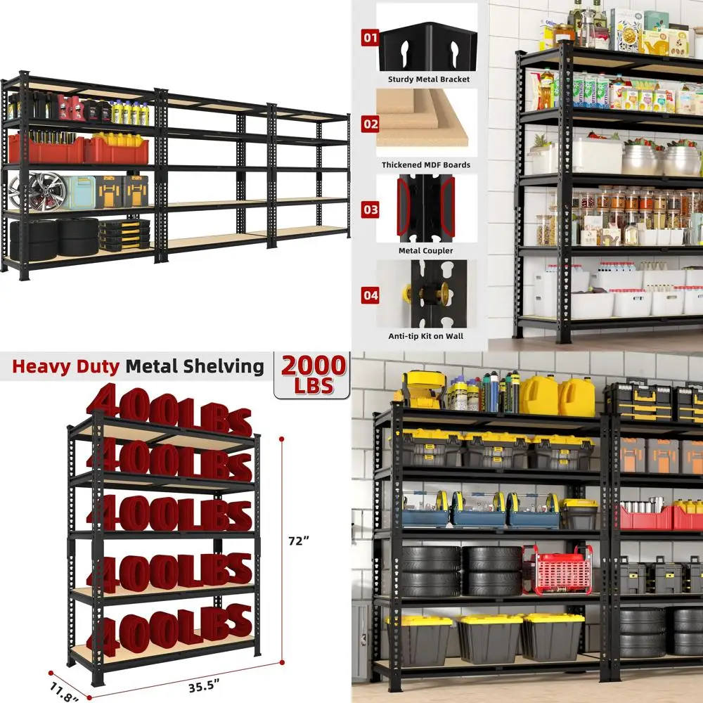 

Industrial-Grade 5-Tier Adjustable Metal Shelving Unit for Garage Storage, 35.5W x 11.8D x 72H, Heavy-Duty Utility Rack