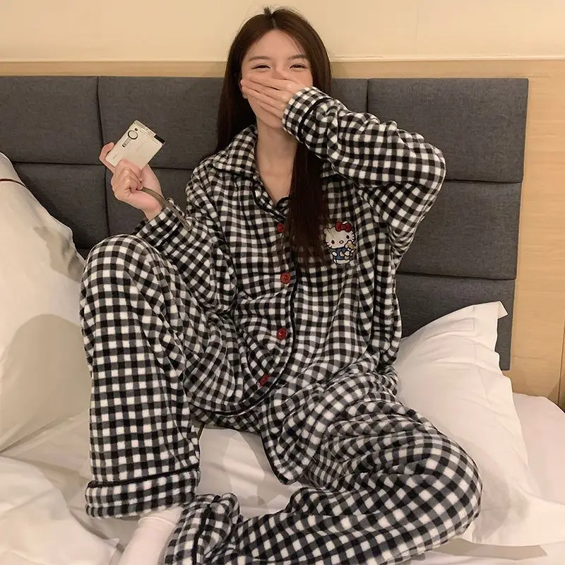 

Kawaii Hello Kitty Coral Fleece Plaid Pajamas Girl Winter Cartoon Cute Embroidery Fleece-lined Thicken Keep Warm Homewear Suit