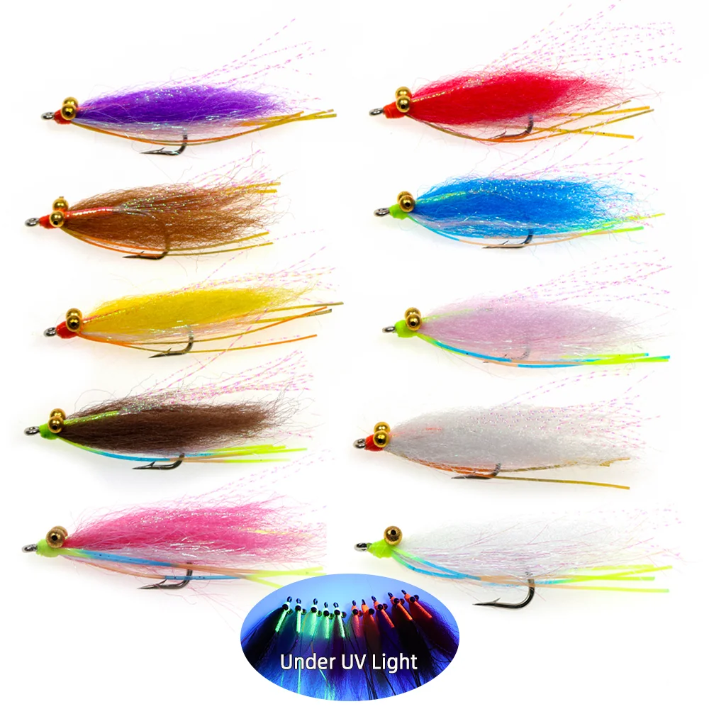 10 piezas # 4 # Señuelos de pesca 2 1/0 2/0 Chain Bead Eye Crazy Charlie Fly para Bonefish, Permit, Tarpon, Trout, Bass, Streamer en agua salada