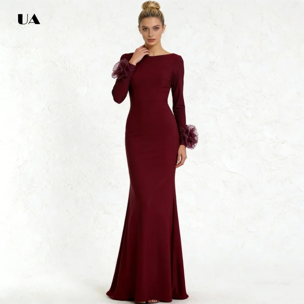 보트 네크라인이 있는 심플한 인어 댄스 파티 드레스, 3D 꽃이 있는 단색 긴 소매 이브닝 드레스, 클래식 맞춤형 파티 드레스