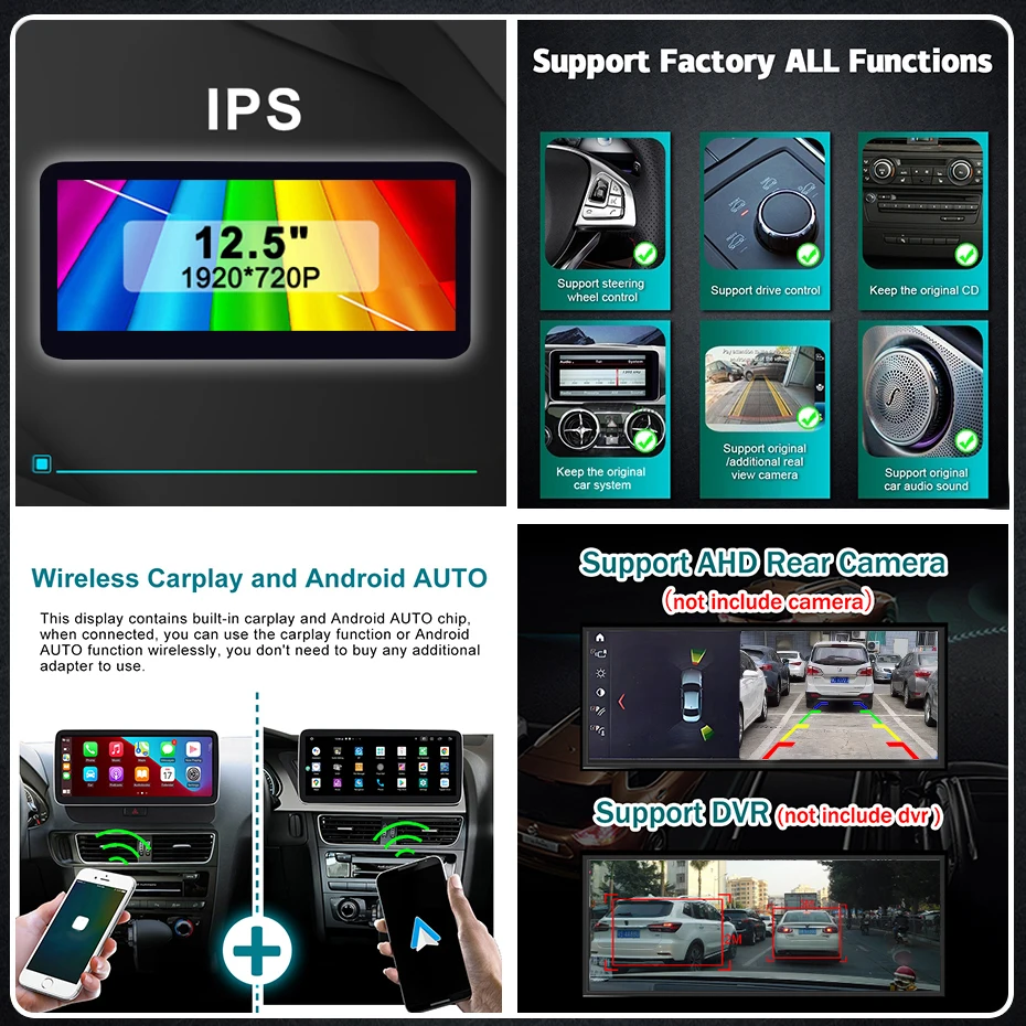 Pantalla de 12.5'' con resolución de 1920*720P, CarPlay, Android Auto, estéreo, GPS, autoradio para Audi Q5 2009-2016, radio de coche 2 DIN, reproductor multimedia, 4G LTE 5