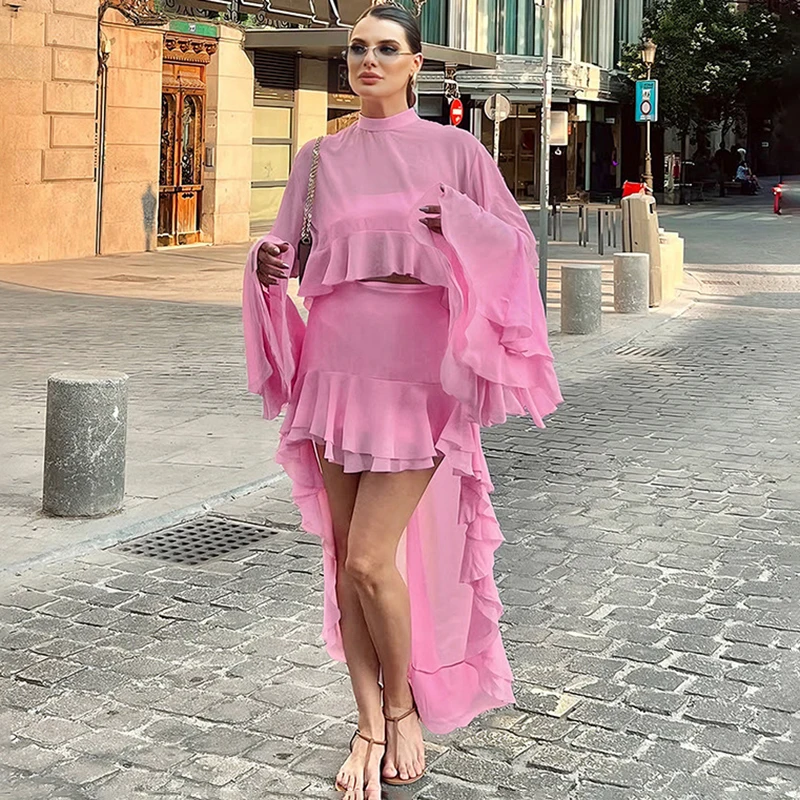 

Tornova Сетчатая юбка с рюшами, комплекты из 3 предметов, женские весенние новые сексуальные жилеты с длинными рукавами, футболка, тонкие мини-юбки, комплекты платьев, женские комплекты