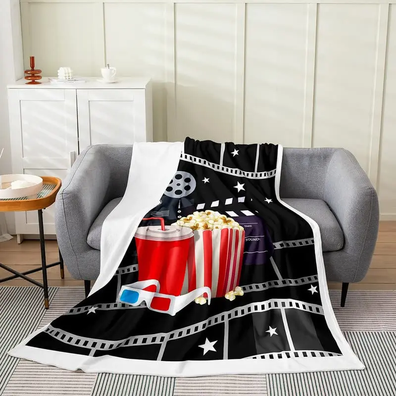 Vintage Cinema All Season Bed Blanket Old Movie Theater Theme Throw Blanket Filmstrip Popcorn Flannel Blankets for Sofa Bedroom