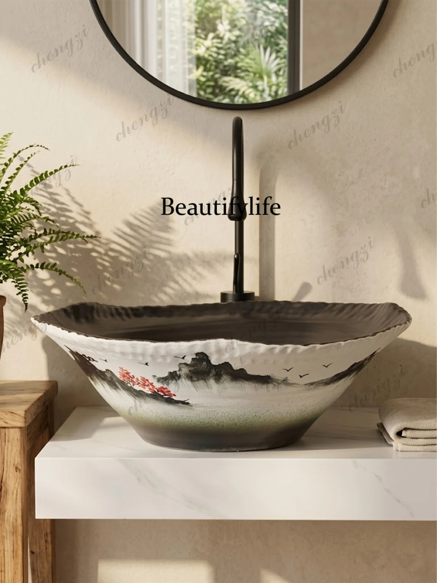 Chinese style, antique ceramic washbasin on the stage, high-end creative large-size washbasin
