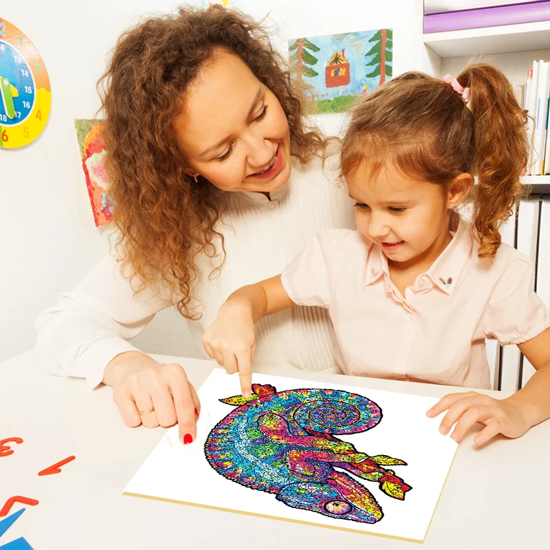 Puzzle camaleonte colorato in legno, puzzle di forma irregolare, gioco per feste, articolo decorativo