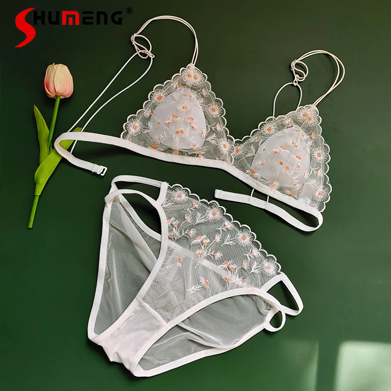 

Lace Wireless Bra Set with Beautiful Back Women Triangle Cup French Style Intimates Female Sexy Ultra Thin Strap Underwear