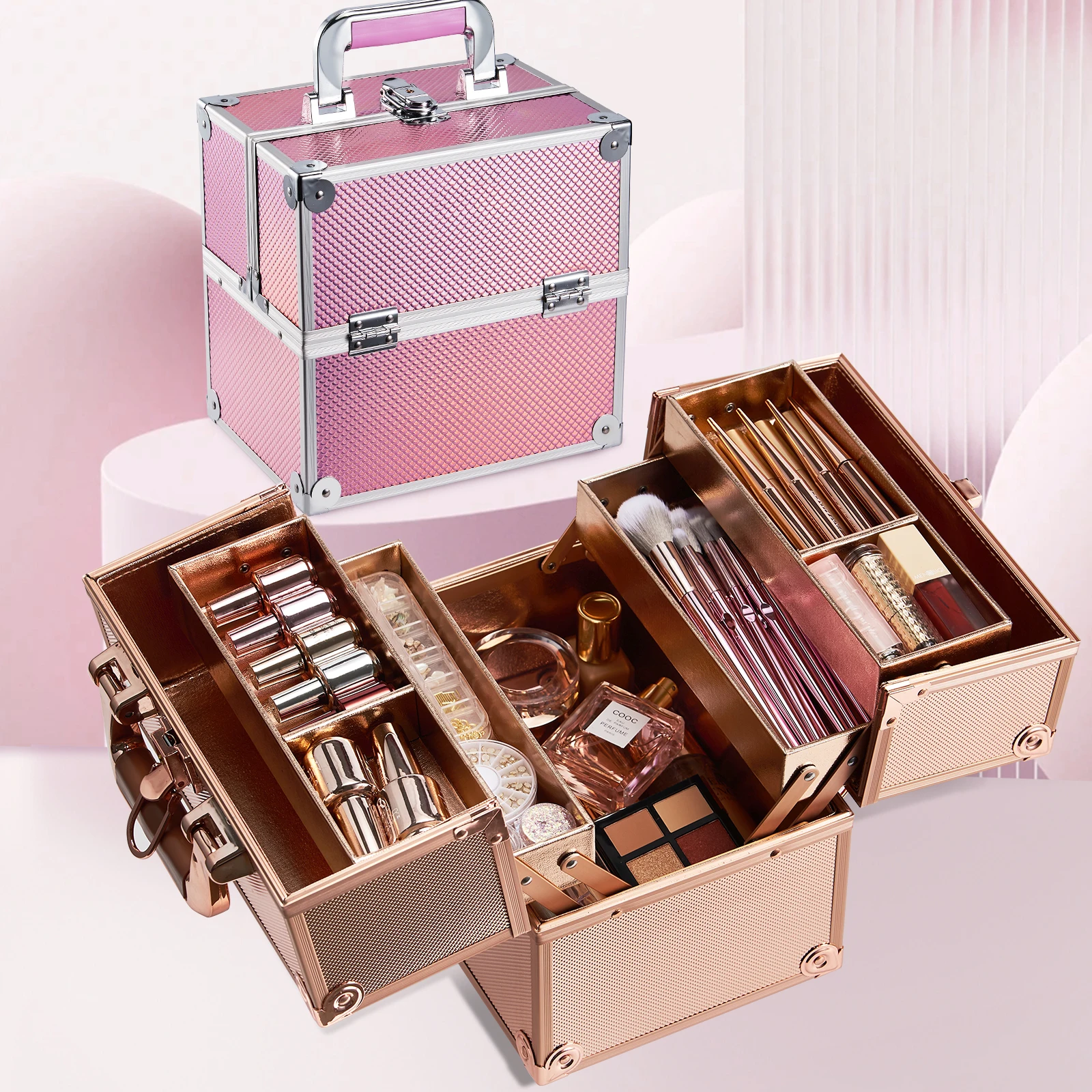 

Makeup Train Case Cosmetic Organizer Case Portable Travel Storage Box 4 trays with Dividers Lockable Make Up Case Makeup Case