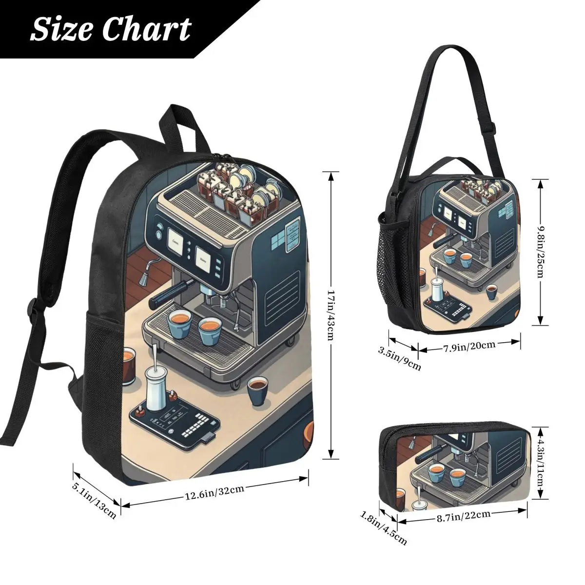 Coffee Machine And Espresso Bar Backpack Student BookBag School Bag Laptop Shoulder Bags 3ps Insulated Lunch Bag Pencil Case