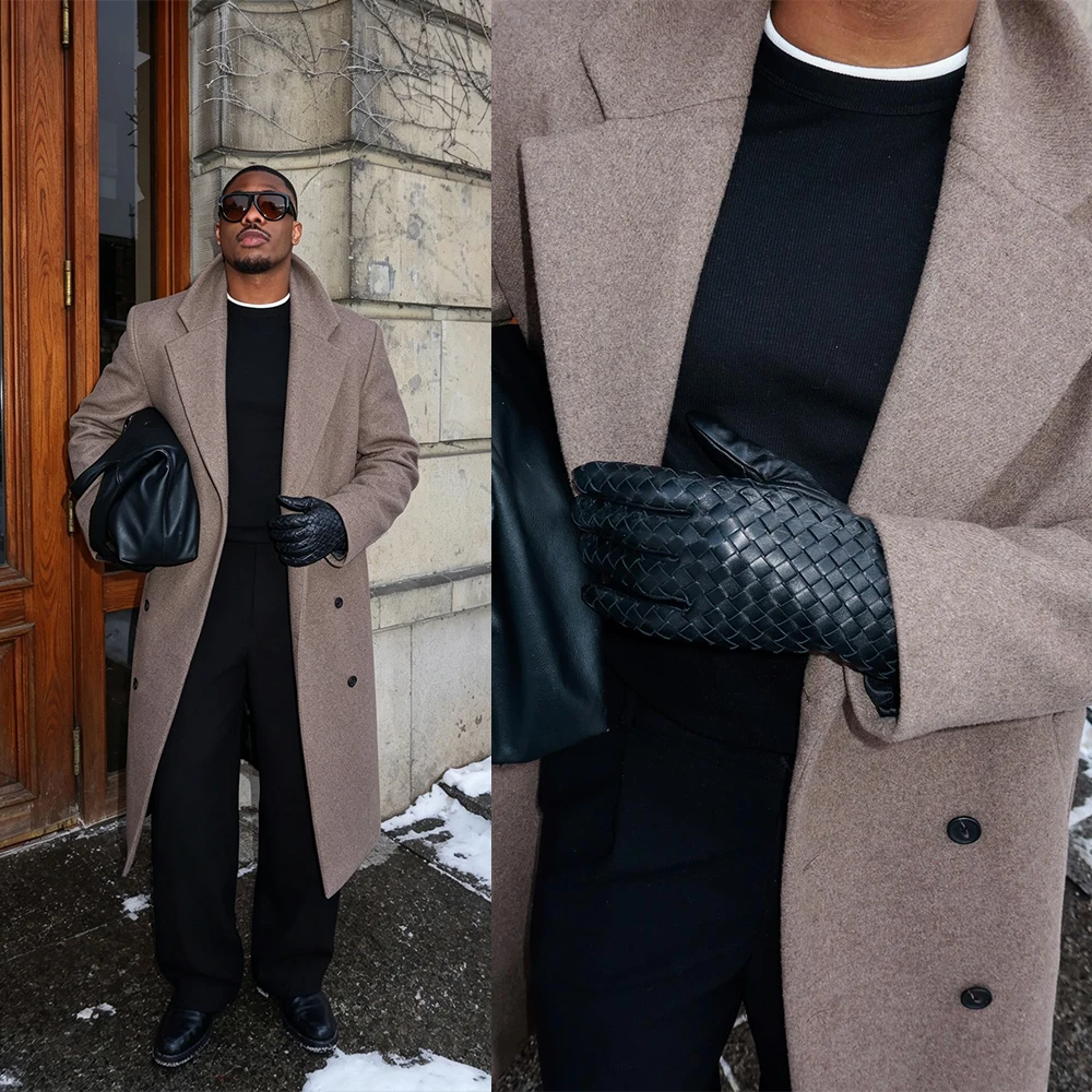 Classic Oatmeal Wool Blend Overcoat with Notch Lapel and Double Breasted Front Men Autumn Elegant Long Coat Customized E2648