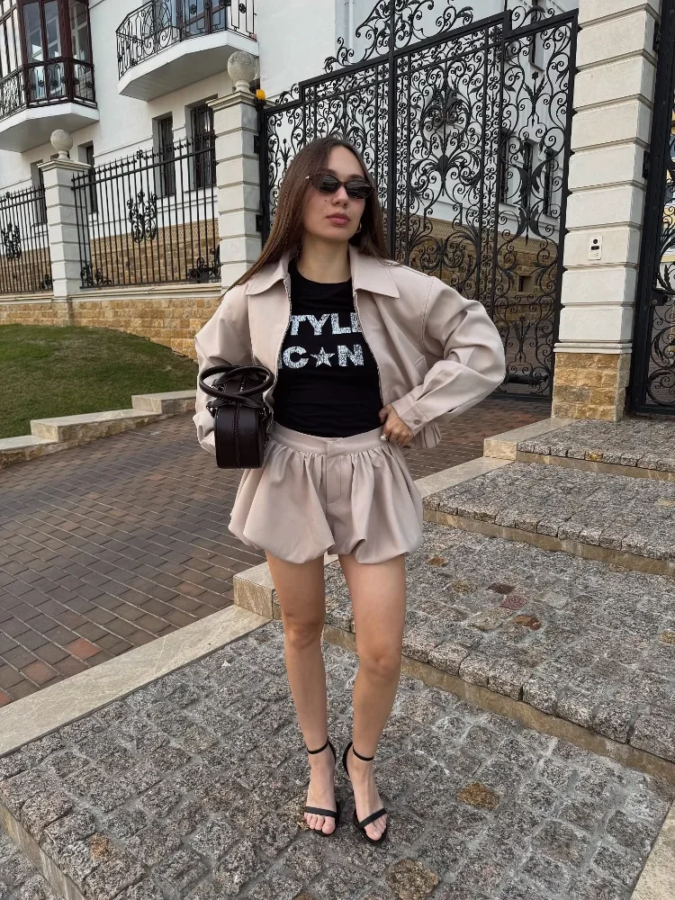 Chic Trendy Women's Shorts Suits Set Beige Lapel Collar Zip Up Long Sleeve Jacket and High Waist Bubble Skorts Casual Coat Stree