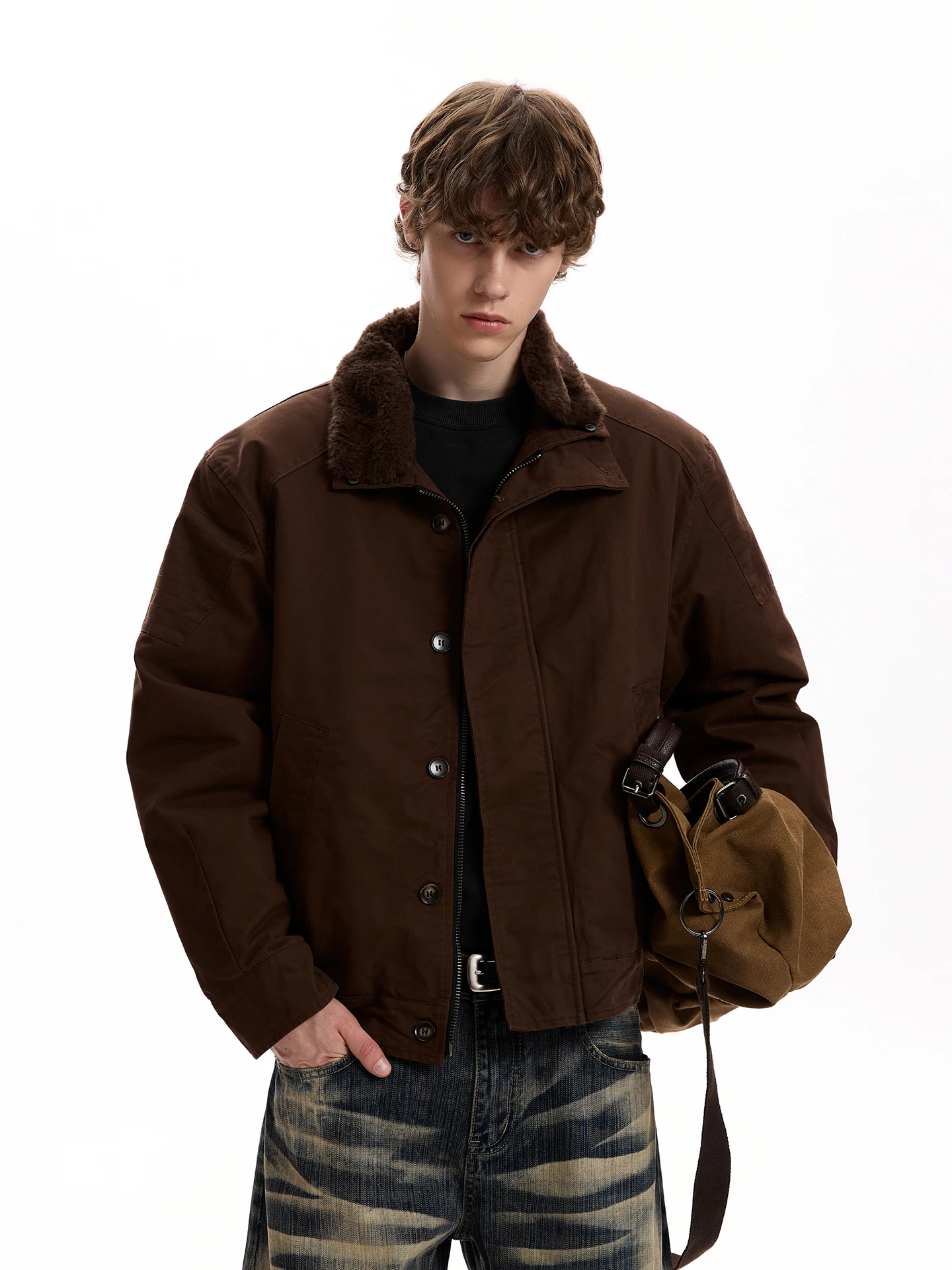 

Американский ретро коричневый меховой воротник Jaet Thiened Хлопковая верхняя одежда Cleanfit Silhouette Barn Sle Молодежная весна Autu...