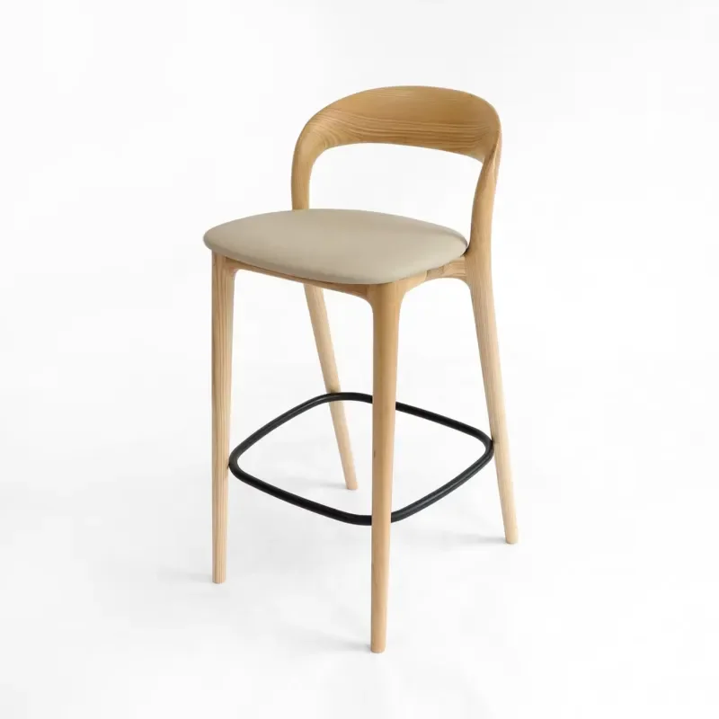 Bend wood bar stools, medieval style bar chairs with curved buck backrests, PU upholstered seats and black metal foot pedals