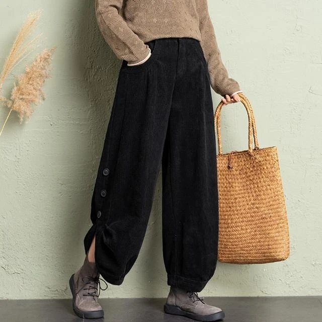 سروال قصير نسائي شتوي عالي الخصر مبطن بالصوف واسع الساق #3