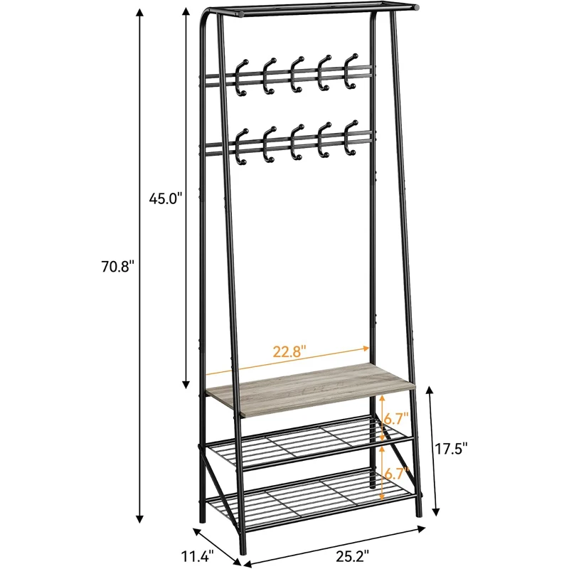 Coat Rack Hall Tree with Shoe Storage Bench, 4-in-1 Entryway Organizer Featuring 5/10 Hooks and 3 Tier Shoe Rack, Durable Metal Frame, Freestanding Storage Unit for Hallway view 6
