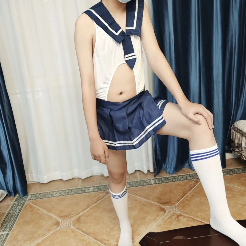 Men Sexy Sailor Uniform Sets Y2K Cross-dressing Bow Decor Japanese School Clothes Crop Top Pleated Mini Skirt Suits Club Cosplay