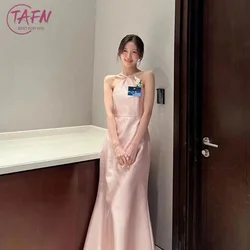 TAFN Pink Halter Evening Dresses A-line Korea Wedding Reception Dresses Floor-Length Elegant Simple Party Gown Photo Shoot