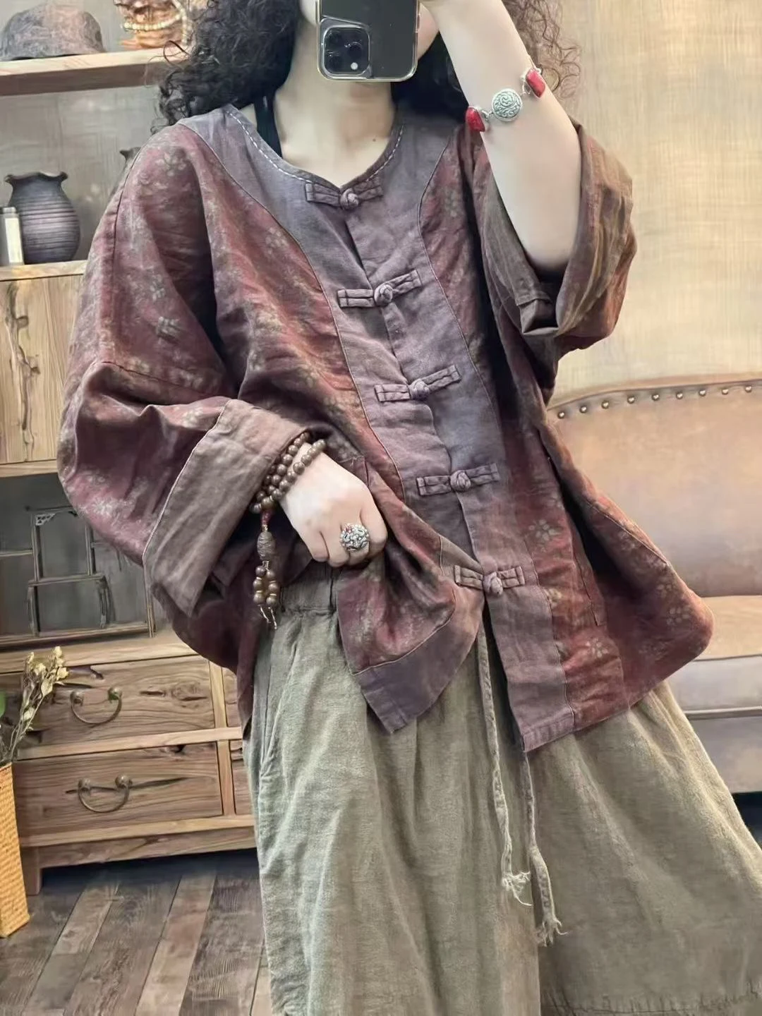 

Retro Weathered Linen Button up irt Loose Wide Sve Long Sve Women's irt Vintage Sle Printed Splice Flax Loose Fit