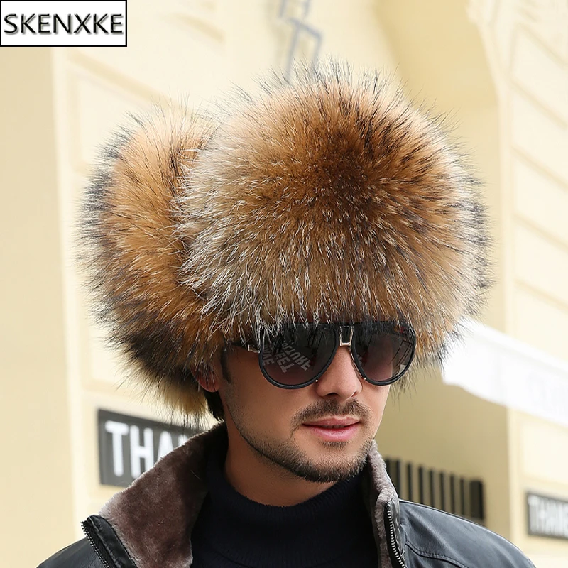 

New Winter Men's 100% Real Silver Fox Fur Bomber Hat Raccoon Fur Ushanka Cap Trapper Russian Man Ski Hats Caps Real Leather