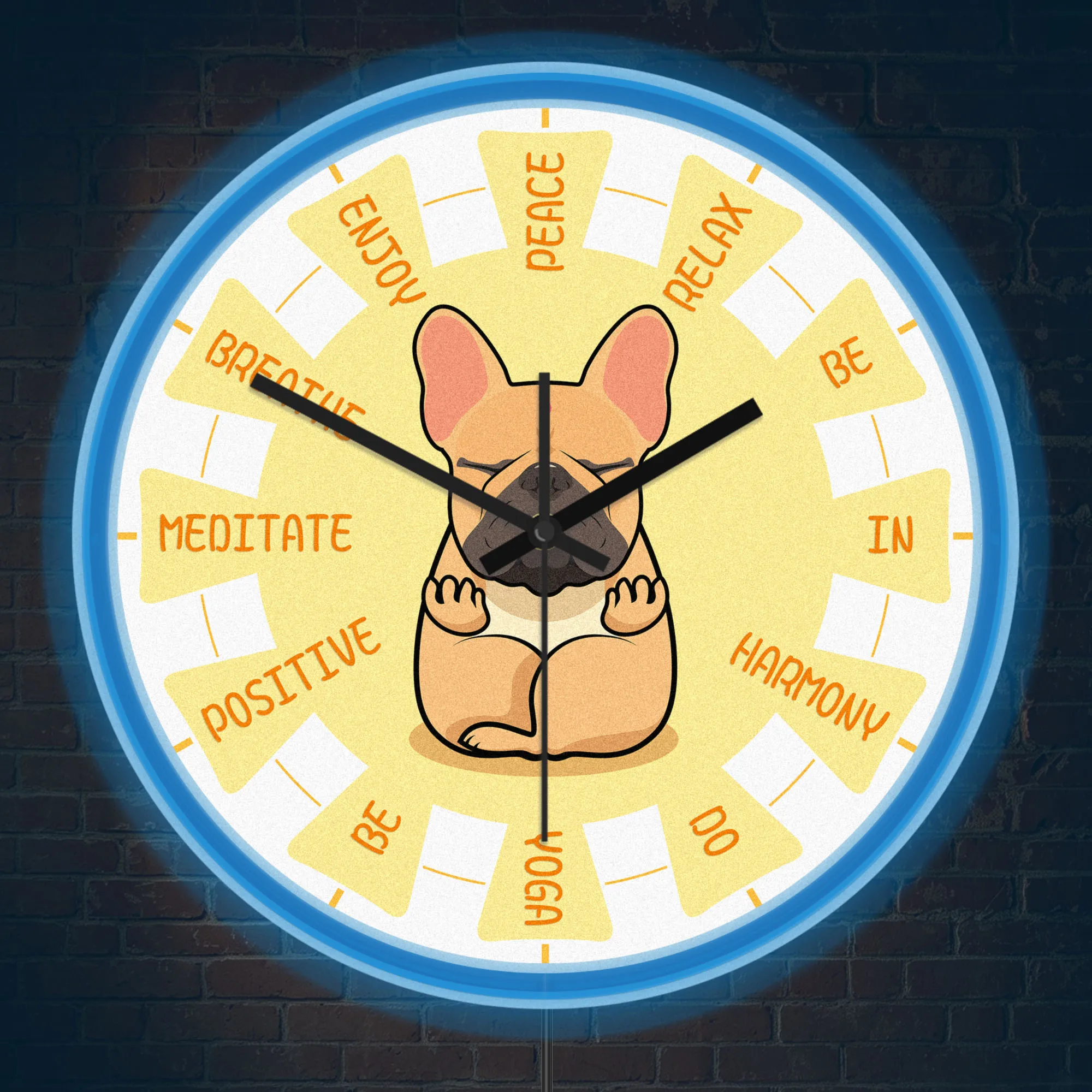 Yoga French Bulldog LED Neon Wall Clock for Yoga Room Positive Vibe Peaceful Dog Home Decor Night Light Wall Clock Glow in Dark