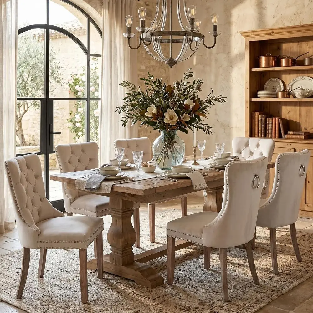 Velvet Dining Chairs Set o 6, Tall Back Side Chair, ern Upholstered High-end Tuted Side Chair with Button Back Ring, Solid Wood