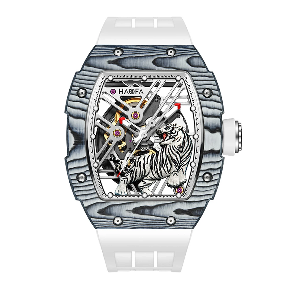 Haofa Skeleton 3D Tiger Carbon Fiber Watch for Men Automatic Mechanical Watch Sapphire Luminous Waterproof Casual Fashion 1973