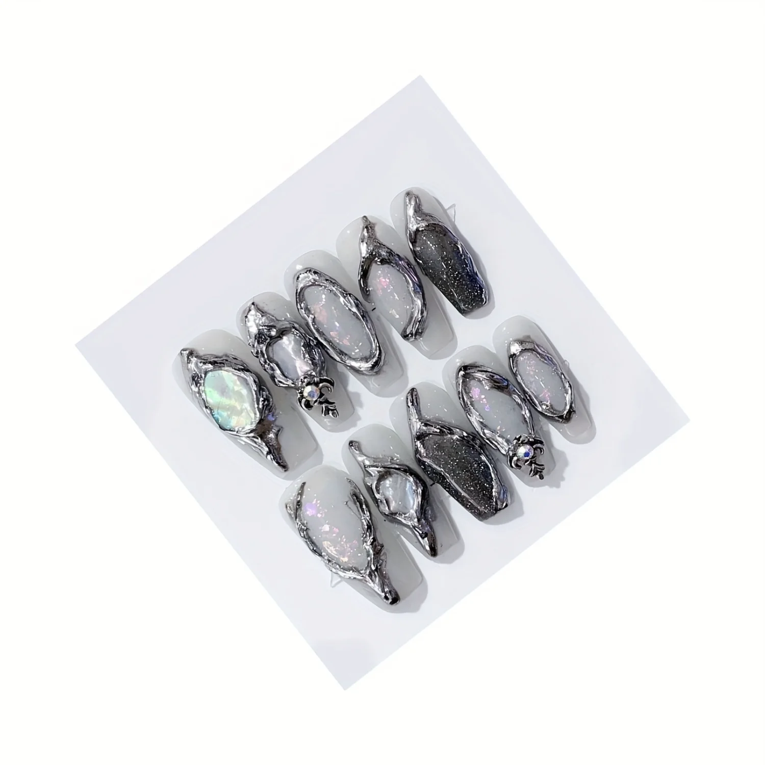 10pcs Shimmering Ice Transparent Gray Press On Nails with Magic Mirror Powder and Rhinestone Design - Glossy Long Coffin False N
