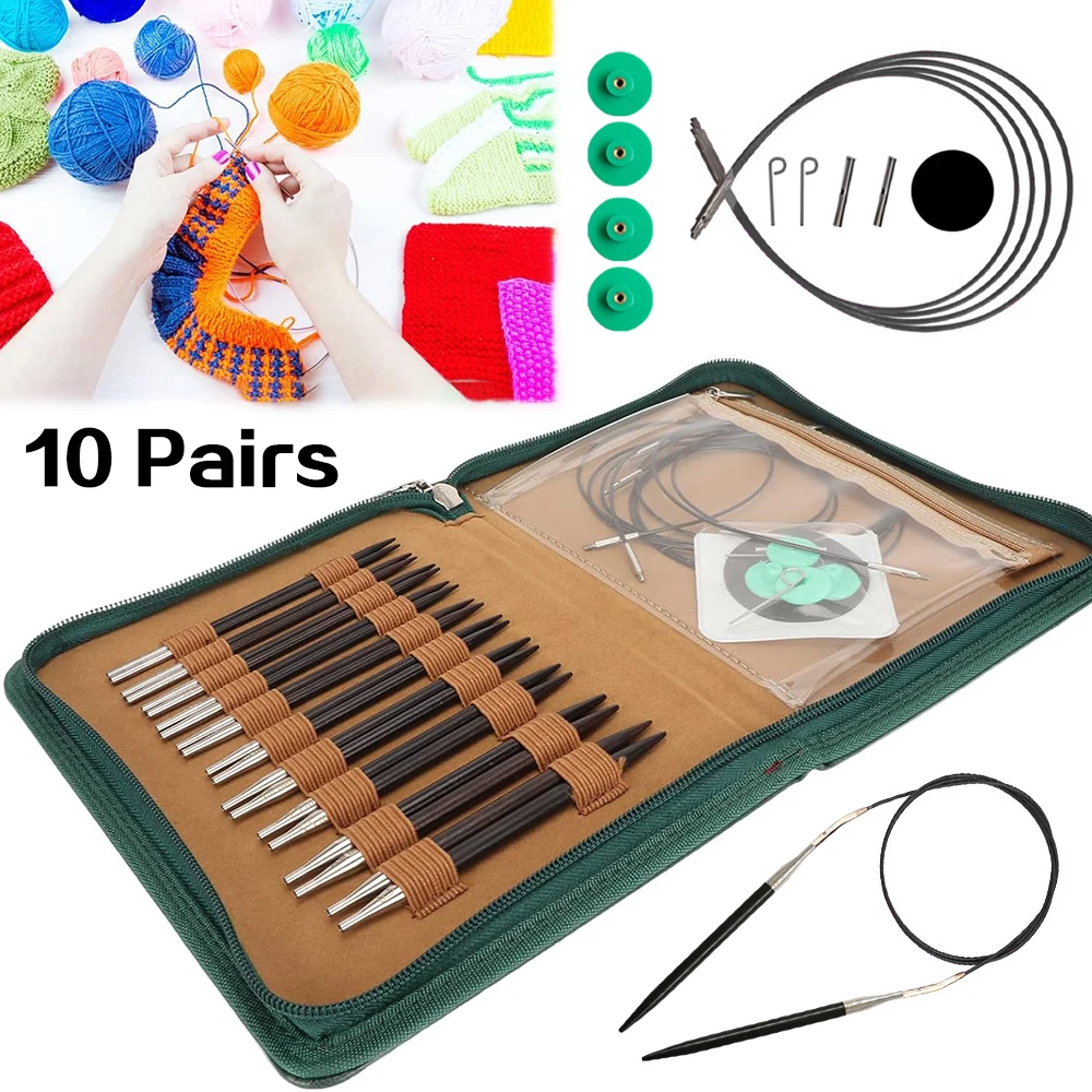 

33Pcs Circular Knitting Needle Set with PU Bag, 10 Pairs Ebony wood Interchangeable Weaving Needles kit for Handmade DIY Scarves