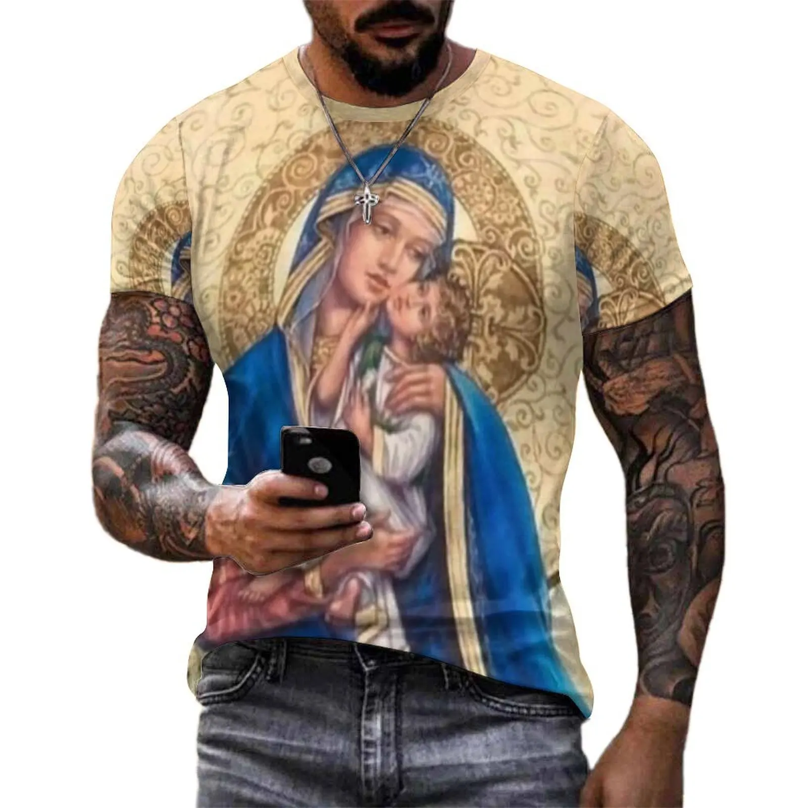 Mens Virgin Mary Print T Shirt Mother of God Fashion T-Shirts Short Sleeves Graphic Tshirt Dropshipping Summer Oversized Clothes