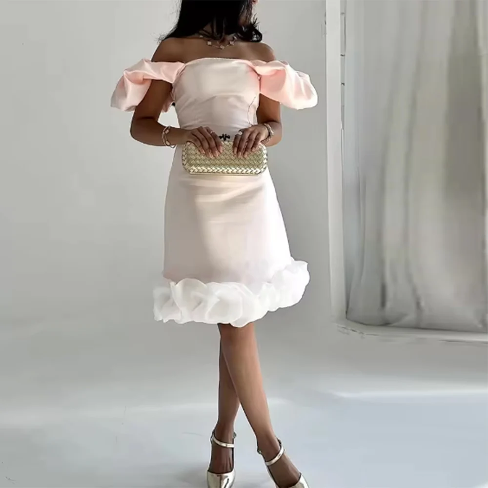

Blush Pink Off The Shouder Mini Evening Gowns Satin Ruffles Knee Length Short Prom Dresses African Women Cocktail Party Dress