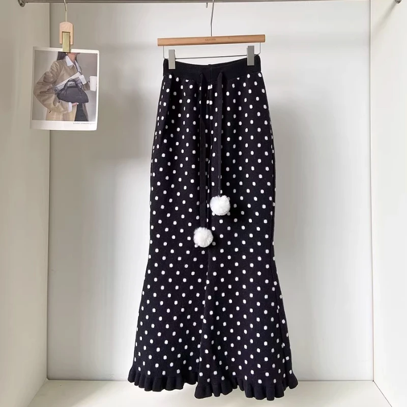 Korean Drawstring High Waist Lace Trim Women's Flared Pants 2025 Winter New Versatile Polka Dot Knitted Casual Trousers Ladies