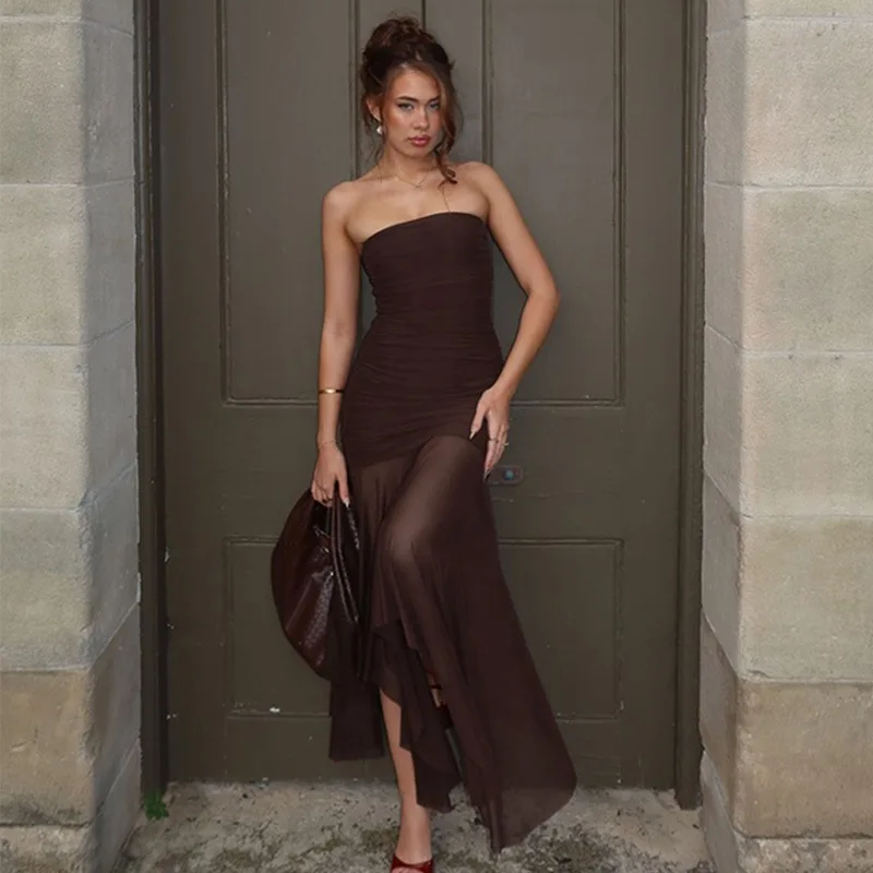 Women's Dress 2026 Spring New Fashion Strapless Dress Sexy Off The Shoulder Ruched Slim Fit Mesh Patchwork Maxi Dress