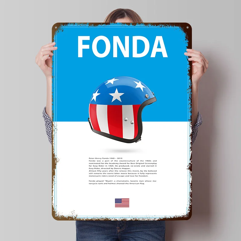 Peter Fonda Helmet Metal Poster Customized Wall Art Retro Vintage Metal Tin Signs for Bedroom Decoration Gaming Room Ornaments