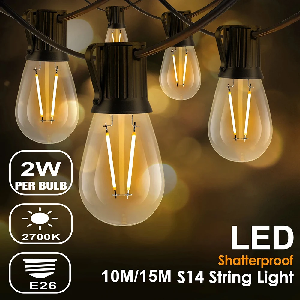 S14 Vintage Garland LED String Light EU Plug 220V 2W E26 E27 Plastic Bulb Shatterproof Waterproof Retro Garden Decorating Lights